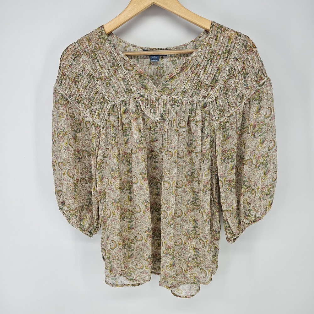 Lil Blouse Small Paisley Floral Pintuck‎ Boho Peasant Balloon Sleeve Prairie